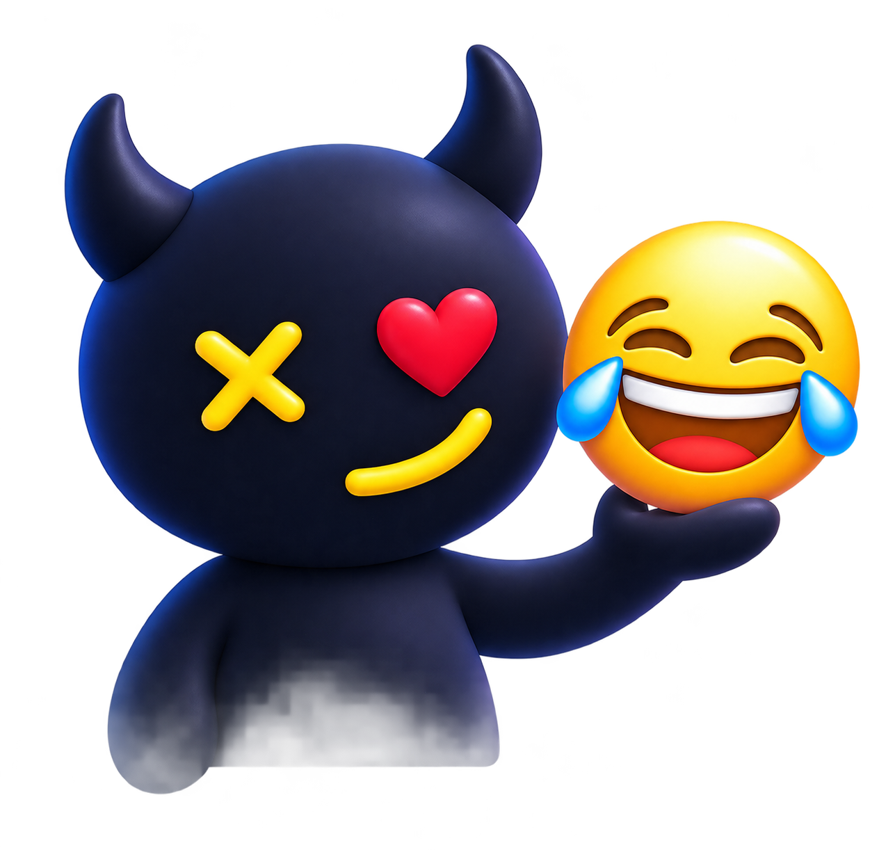 Imp mascot holding a laughing emoji